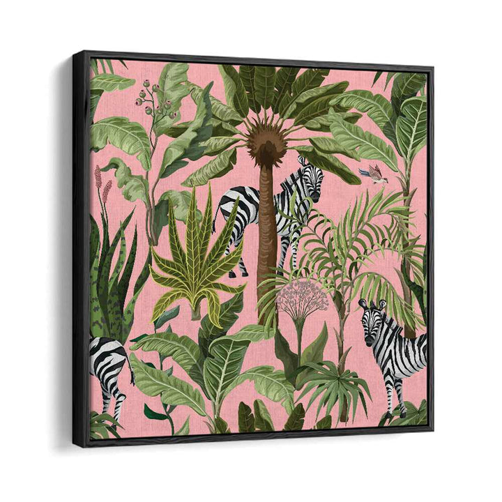Colorful foliage surrounds zebras in this stunning ROAMING WITH ZEBRAS, ANIMAL PAINTINGS artwork, perfect for nature lovers.