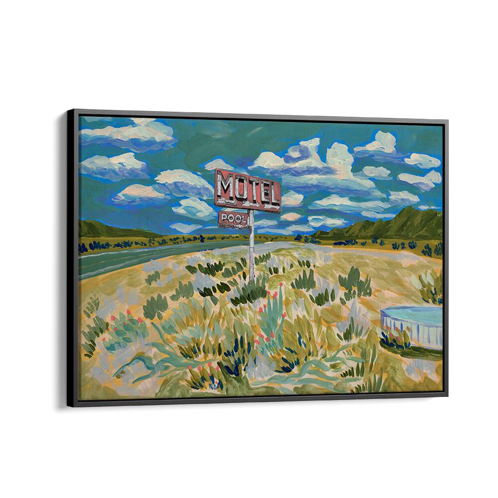 Colorful MOTEL, LANDSCAPE PAINTINGS showcasing serene nature and vintage signage, perfect for transforming any space.