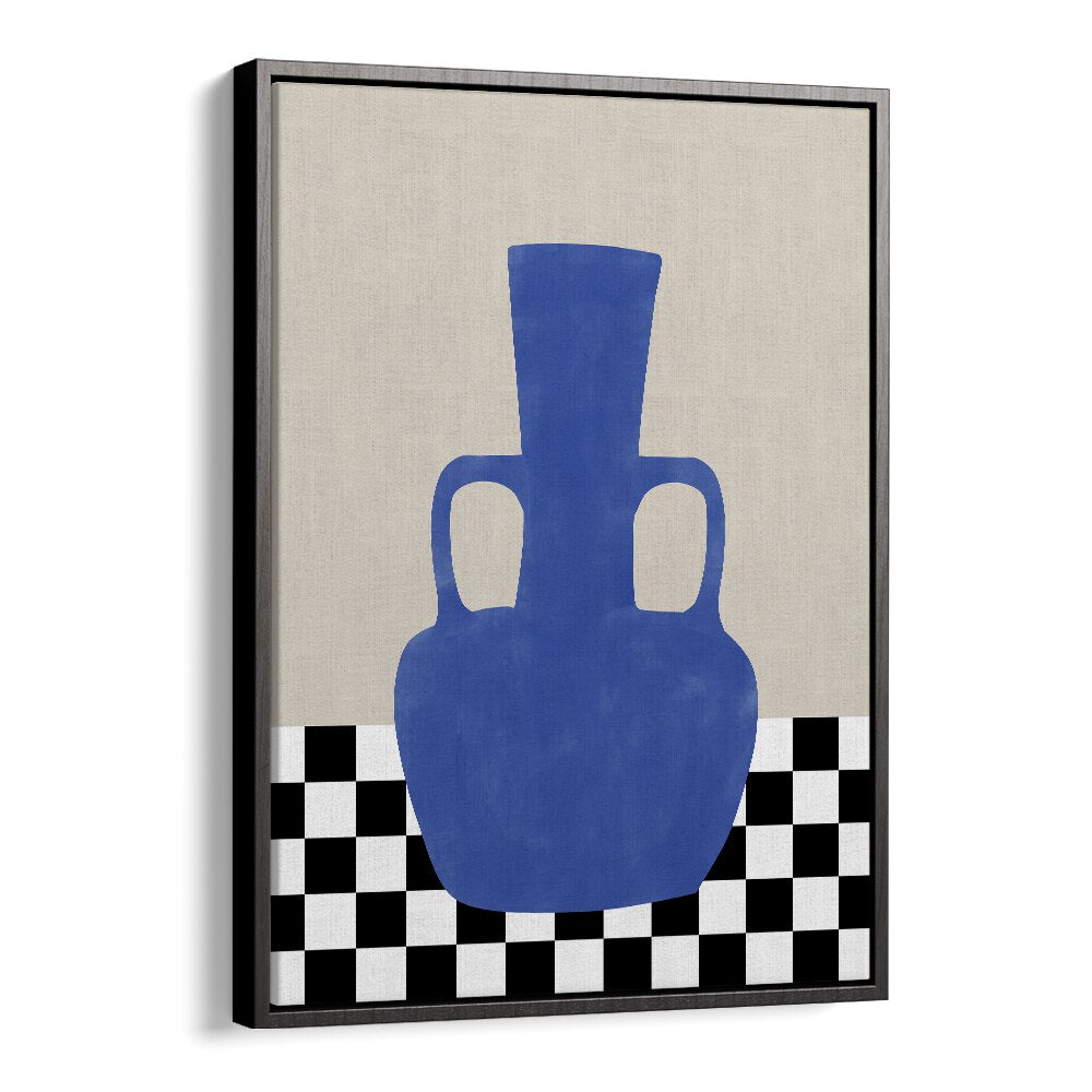 Stunning BLUE STILL LIFE, BOHO ART PAINTINGS by Elena Ristova, featuring a bold blue vase on a checkered base.