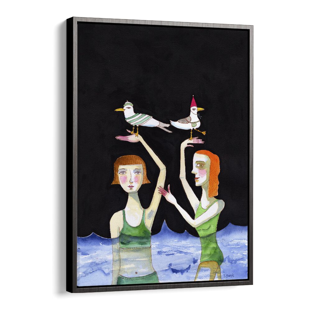 Art piece "BEST FRIENDS SWIMMING WITH BIRDS" by Sharyn Bursic captures joy with two girls and birds in a vibrant sea.