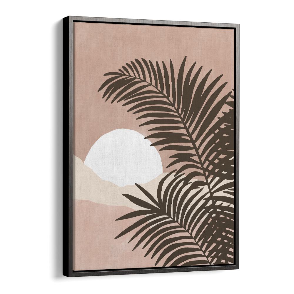 Stunning SERENE VIEW, BOHO ART PAINTINGS featuring a palm silhouette against a tranquil sunset background by Elena Ristova.