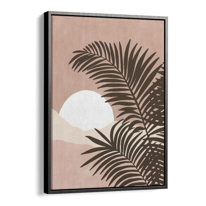 Stunning SERENE VIEW, BOHO ART PAINTINGS featuring a palm silhouette against a tranquil sunset background by Elena Ristova.