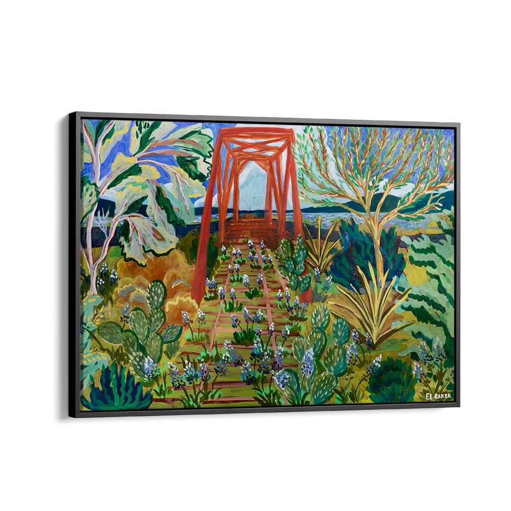 Vibrant TEXAS HILL COUNTRY BRIDGE, LANDSCAPE PAINTINGS showcasing lush flora and a stunning bridge in Texas scenery.