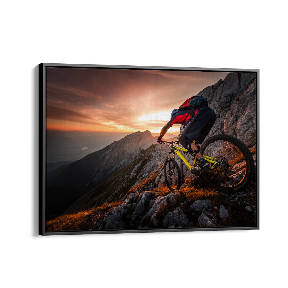 Mountain biker conquers rocky terrain at sunset, showcasing the GOLDEN HOUR HIGH ALPINE RIDE, PHOTOGRAPHY PRINTS.
