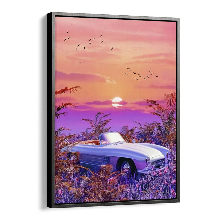 Explore VINTAGE PARADISE, SURREAL ART PRINTS featuring a stunning convertible against a vibrant sunset landscape.