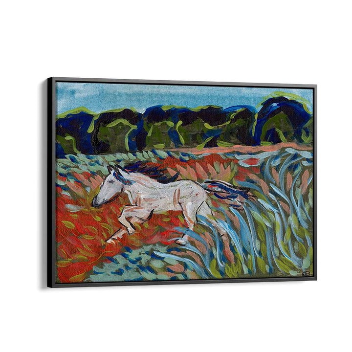 Vibrant MOUNTAIN HORSE, LANDSCAPE PAINTINGS showcasing a white horse in lush, colorful terrain. Perfect for nature lovers.