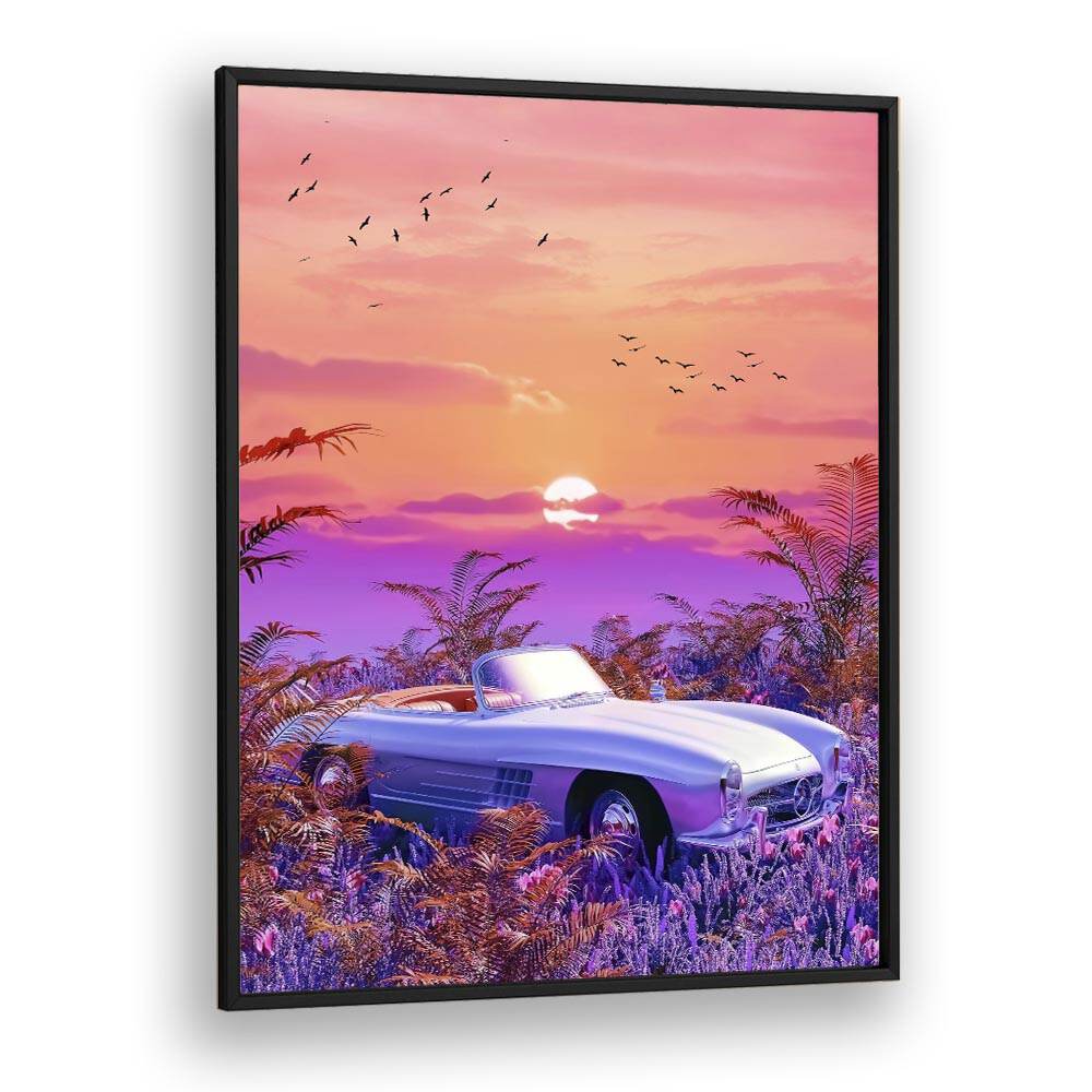 VINTAGE PARADISE, SURREAL ART PRINTS showcase a dreamy landscape with a classic car against a vibrant sunset.