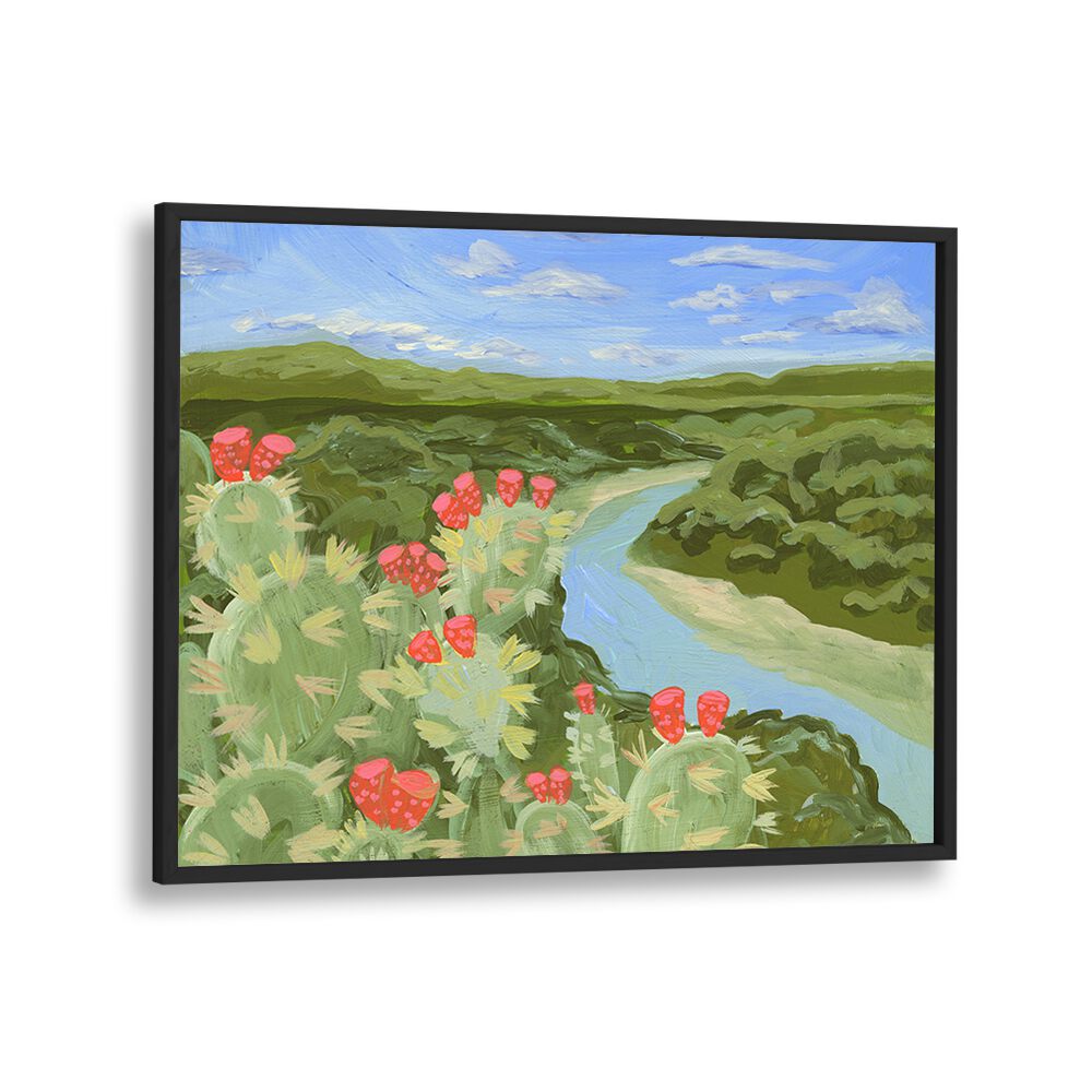 Vibrant AUSTIN HILL, LANDSCAPE PAINTINGS showcase serene nature with cacti and a winding river, perfect for any space.