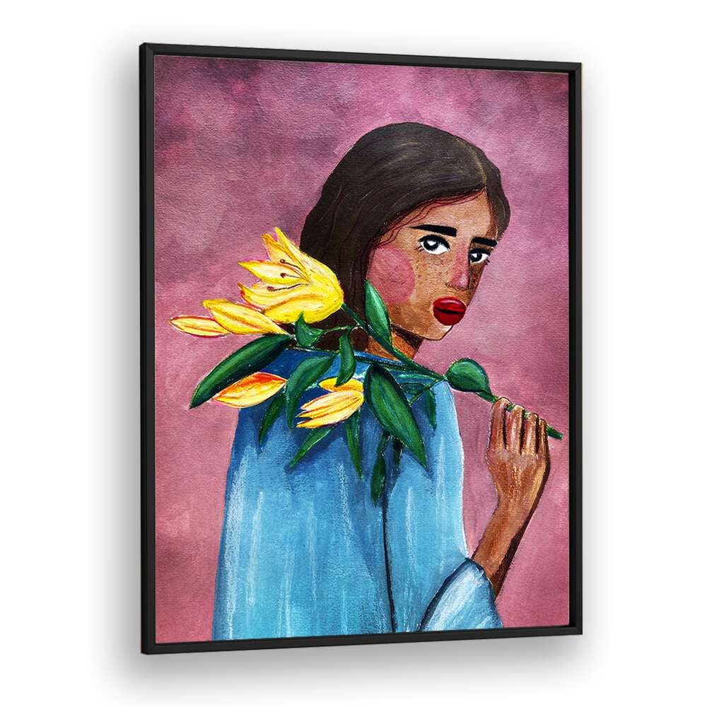 "WOMAN WITH LILY, FASHION POSTERS" showcases a woman with a vibrant lily, perfect for elevating any space.