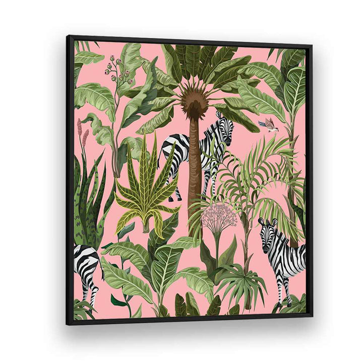 Vibrant ROAMING WITH ZEBRAS, ANIMAL PAINTINGS framed artwork, showcasing zebras among lush greenery on a pink background.