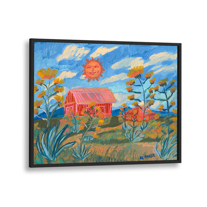Bright and vibrant SUNNY FARM PRINT, LANDSCAPE PAINTINGS showcasing a serene farmhouse and blooming flowers.