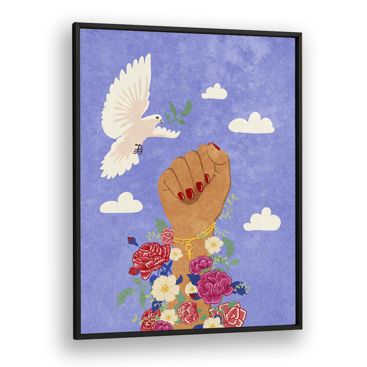 FEMINIST FIST, FASHION POSTERS by Raissa Oltmanns, featuring a powerful fist with flowers and a dove on canvas.