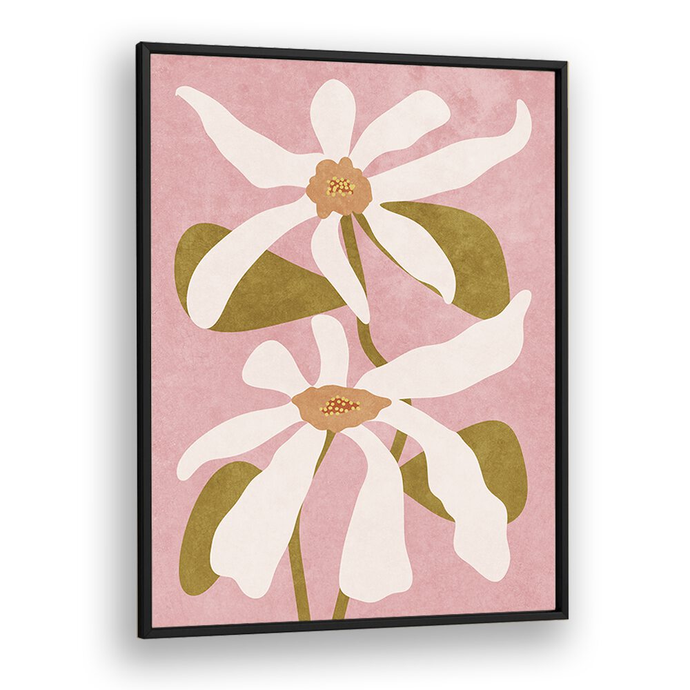 "ABSTRACT FLOWERS I, FLORAL FLOWER PAINTINGS showcase elegant blooms on a soft pink background, enhancing any space beautifully."