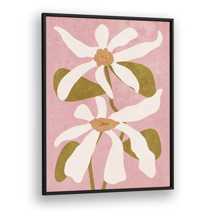 "ABSTRACT FLOWERS I, FLORAL FLOWER PAINTINGS showcase elegant blooms on a soft pink background, enhancing any space beautifully."