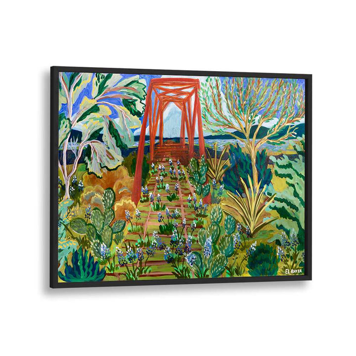 Colorful TEXAS HILL COUNTRY BRIDGE , LANDSCAPE PAINTINGS showcasing vibrant flora and iconic bridge in serene scenery.