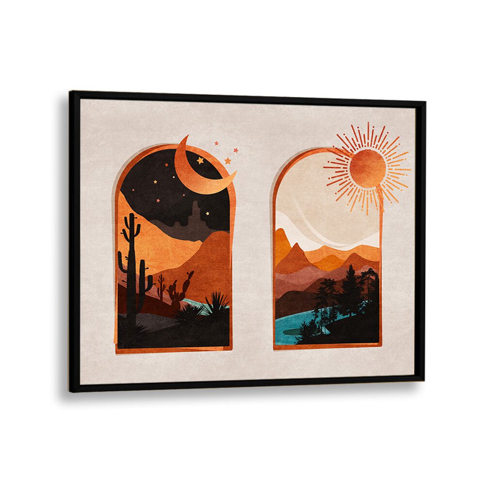 Beautiful ARCH, BOHO ART PAINTINGS featuring desert landscapes and celestial themes by Emel Tunaboylu in a sleek frame.