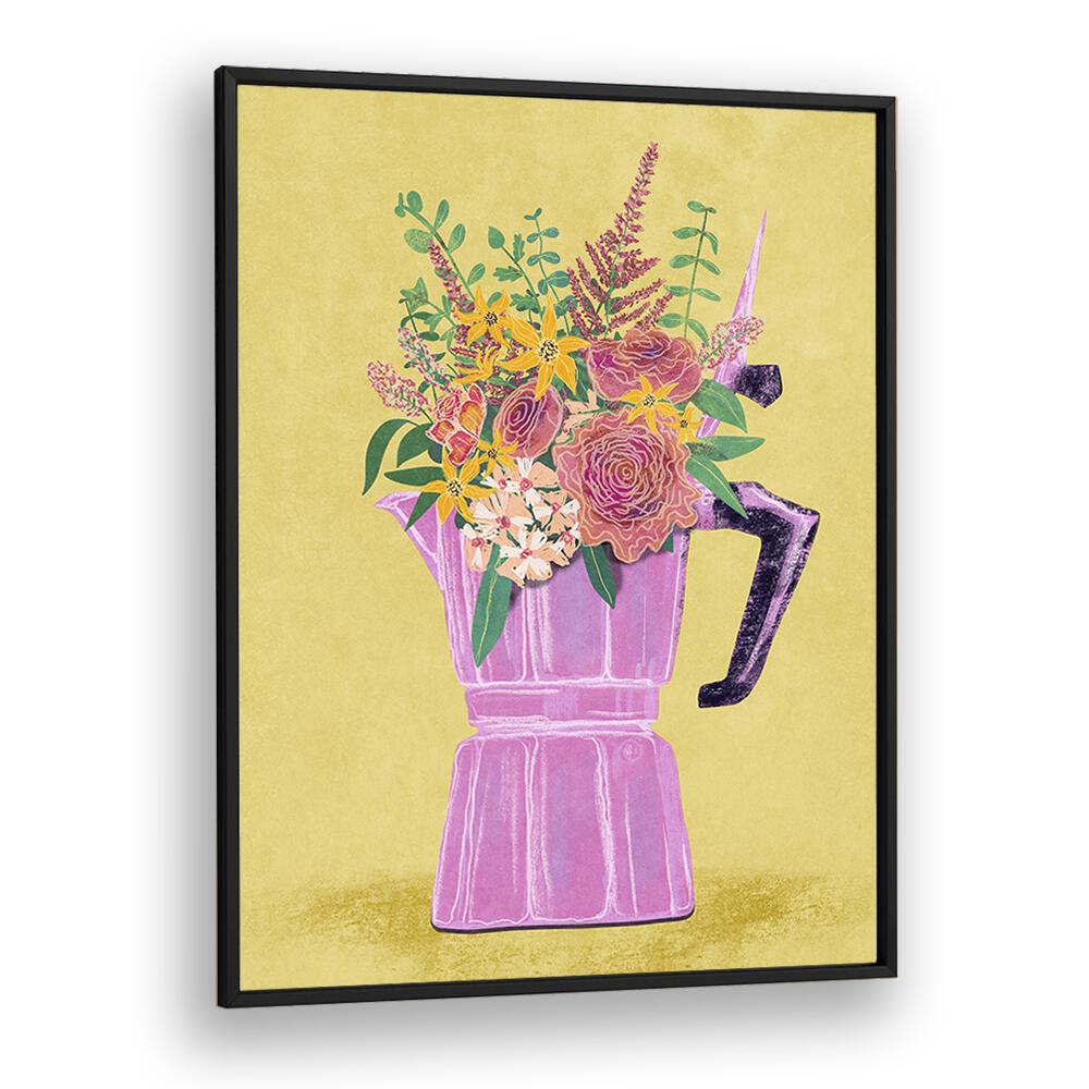 Colorful floral arrangement in an espresso maker, a unique touch for your space. Explore the ESPRESSO MAKER WITH FLOWERS. , FLORAL FLOWER PAINTING.