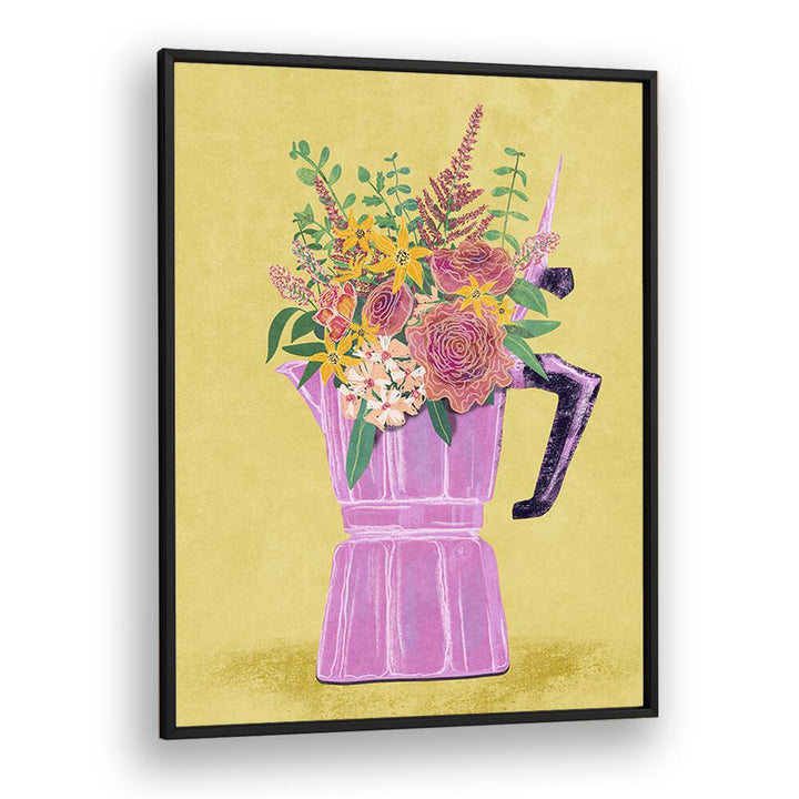 Colorful floral arrangement in an espresso maker, a unique touch for your space. Explore the ESPRESSO MAKER WITH FLOWERS. , FLORAL FLOWER PAINTING.
