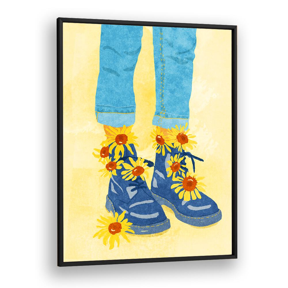 Vibrant SUNFLOWER WALK, FASHION POSTERS featuring colorful boots adorned with sunflowers for a stylish decor touch.