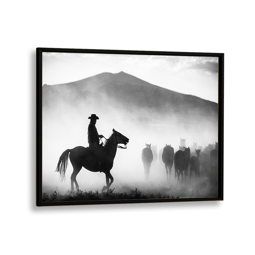 Cowboy riding through misty landscape with horses, showcasing HIS TERRITORY! , PHOTOGRAPHY PRINTS collection.