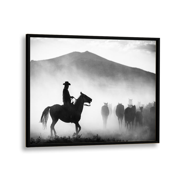 Cowboy riding through misty landscape with horses, showcasing HIS TERRITORY! , PHOTOGRAPHY PRINTS collection.