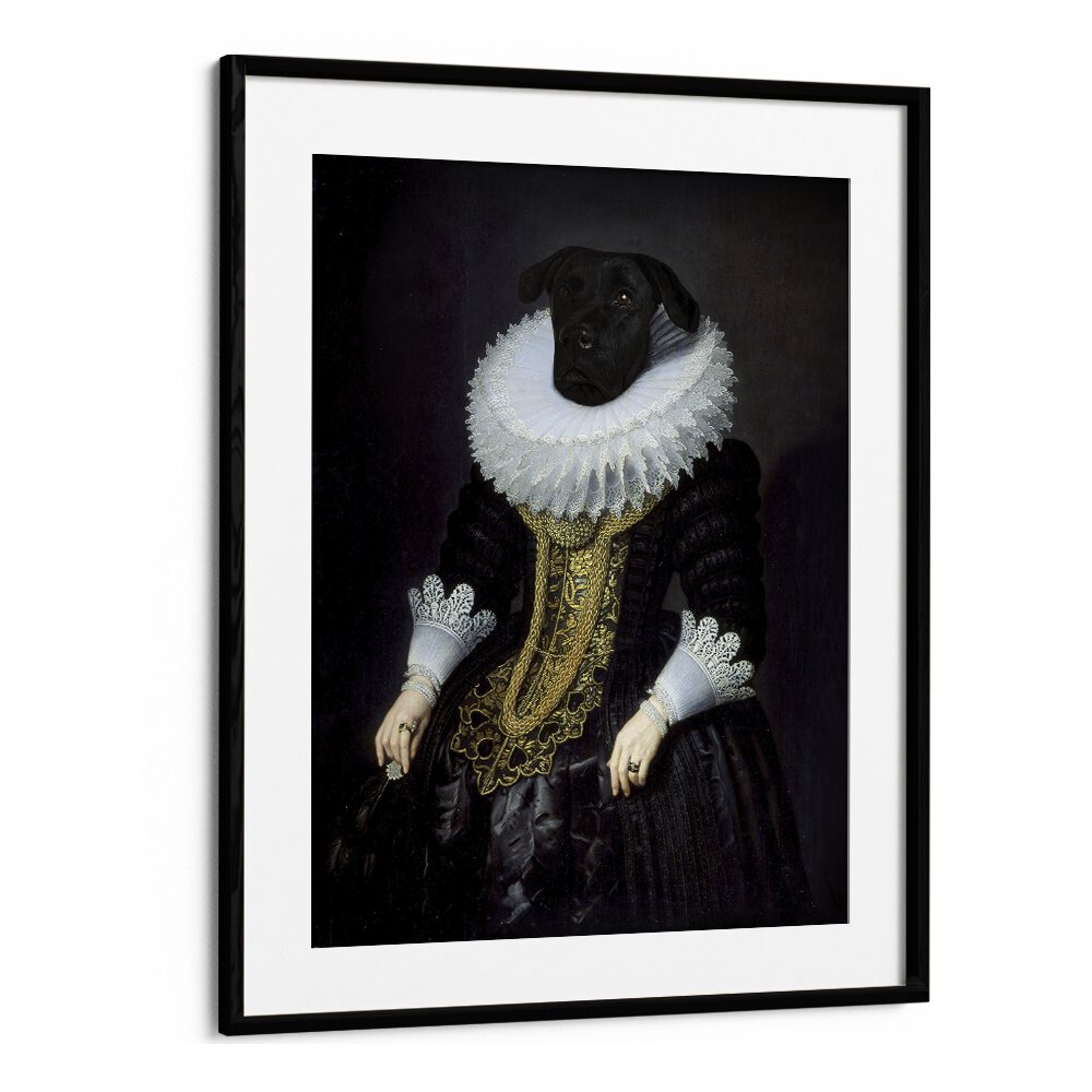 Elegant black dog in historical attire showcased in ANOUK, ANIMAL PAINTINGS collection by Florent Bodart.