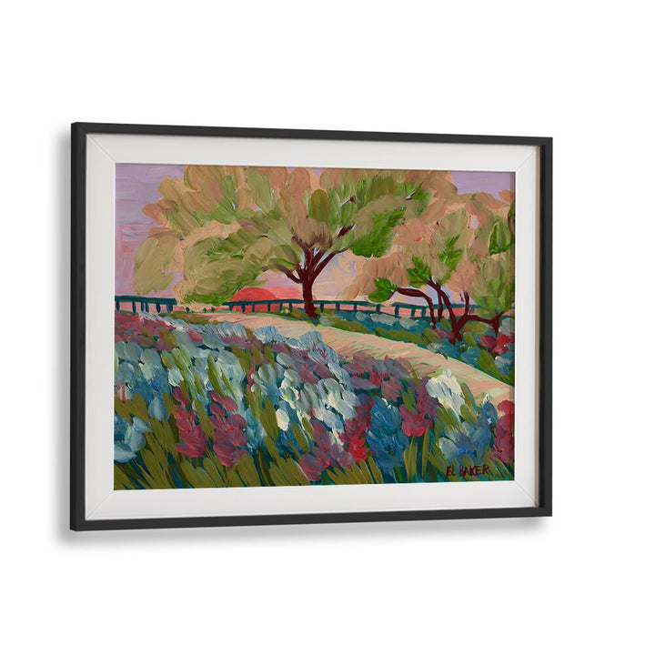 Vibrant HILL COUNTRY SUNRISE, LANDSCAPE PAINTINGS showcasing serene hills and blooming flowers for a calming atmosphere.