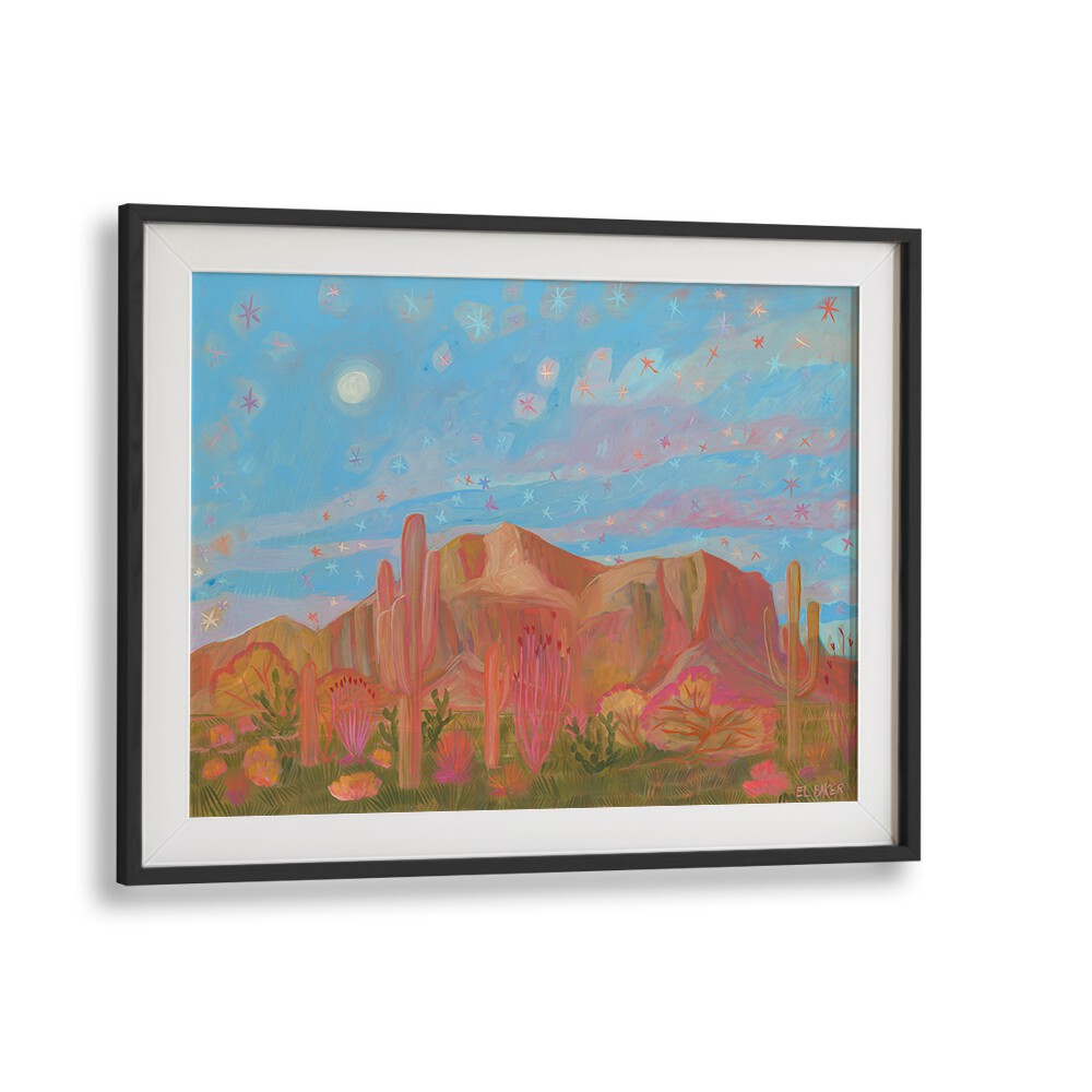 Vibrant STARRY NIGHT, LANDSCAPE PAINTINGS featuring a serene desert scene illuminated by a colorful night sky.