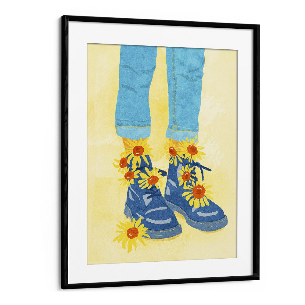 Vibrant SUNFLOWER WALK, FASHION POSTERS artwork featuring stylish boots adorned with sunflowers, perfect for any space.