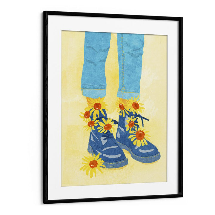 Vibrant SUNFLOWER WALK, FASHION POSTERS artwork featuring stylish boots adorned with sunflowers, perfect for any space.