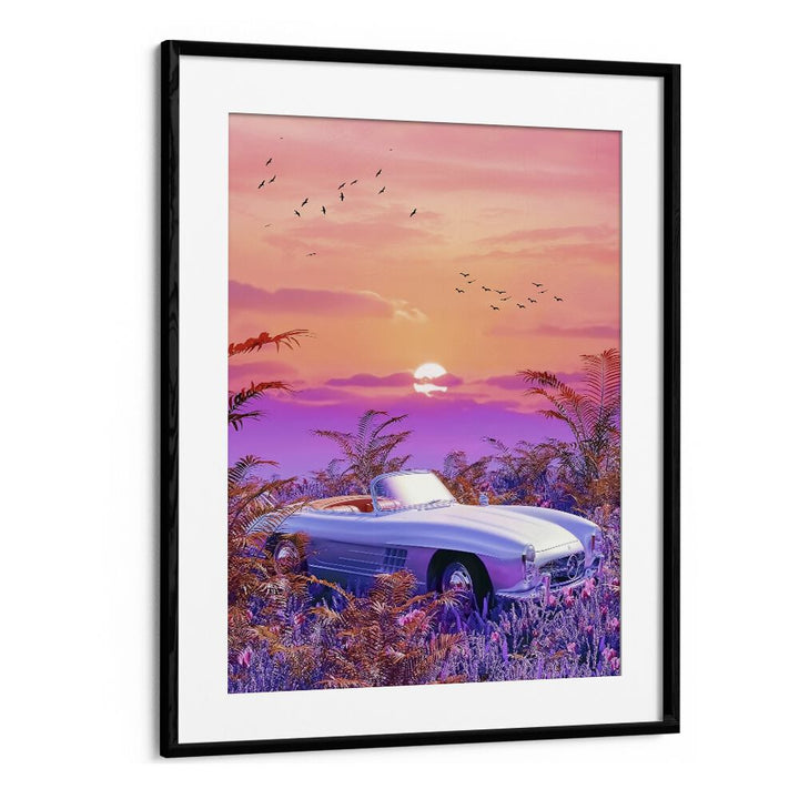 Explore the enchanting VINTAGE PARADISE, SURREAL ART PRINTS featuring a vintage car against a stunning sunset backdrop.