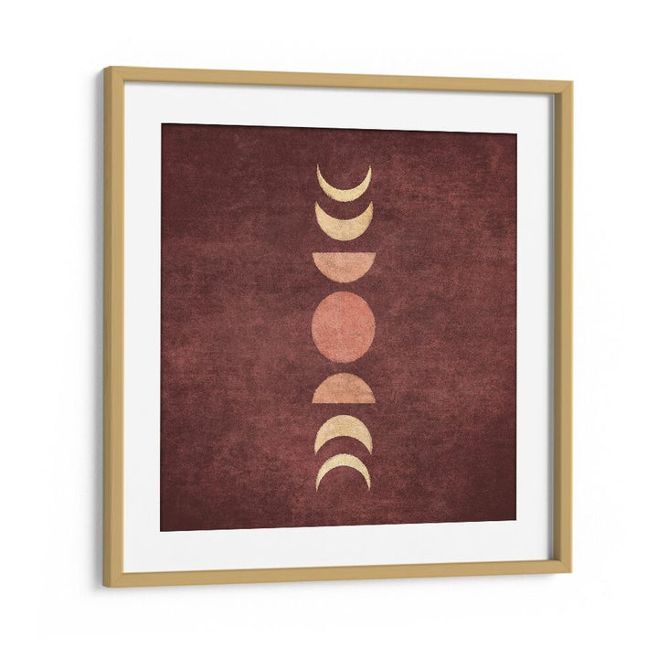 VISNE MOON PHASES III, BOHO ART PAINTINGS showcase enchanting moon phases on a rich background, perfect for cosmic decor.