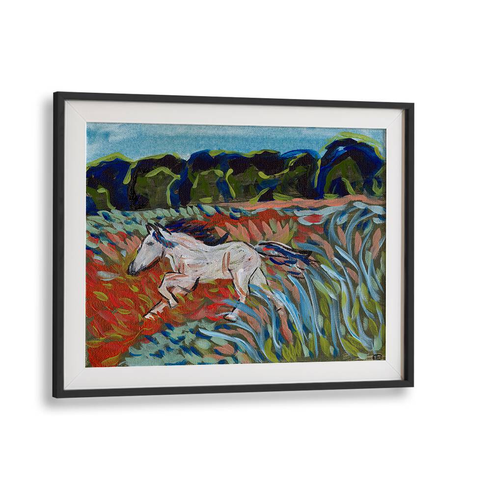 Vibrant MOUNTAIN HORSE, LANDSCAPE PAINTINGS showcasing a galloping horse amidst colorful fields and lush nature.