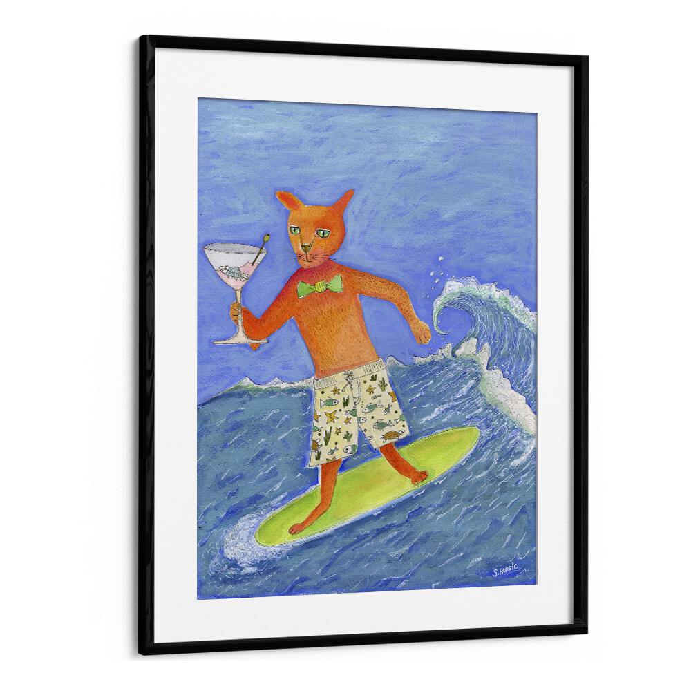 Surfing Cocktail Cat by Sharyn Bursic features a cat on a wave, enjoying a drink in vibrant colors and playful style.