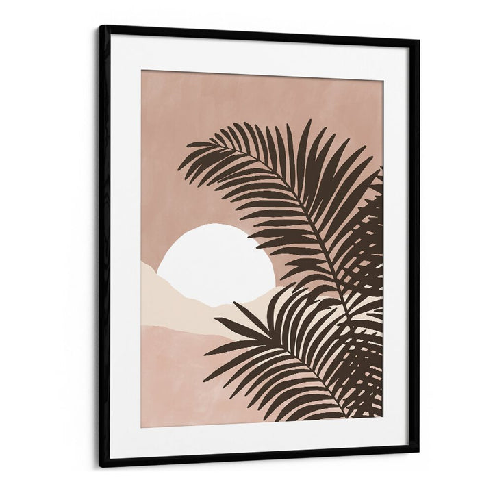 Beautiful palm leaves and a sunset create a tranquil vibe in SERENE VIEW, BOHO ART PAINTINGS by Elena Ristova.