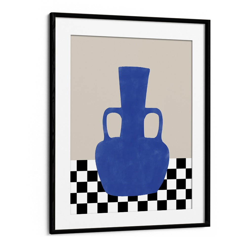 Stunning BLUE STILL LIFE, BOHO ART PAINTINGS by Elena Ristova featuring a bold blue vase on a checkerboard base.