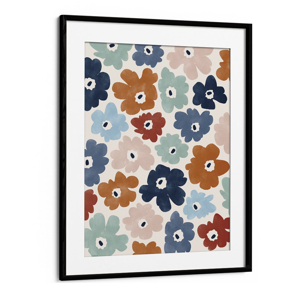 Colorful floral patterns featuring BLUE TERRACOTTA FLOWERS, FLORAL FLOWER PAINTINGS by Elena Ristova for home decor.