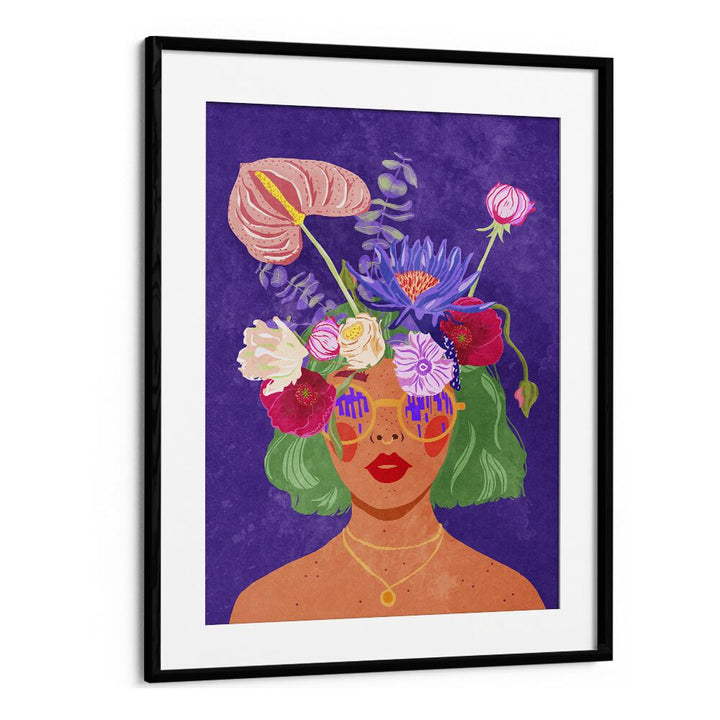 Colorful "Flower Head" fashion poster featuring vibrant flowers and a stylish figure, perfect for nature-inspired decor.