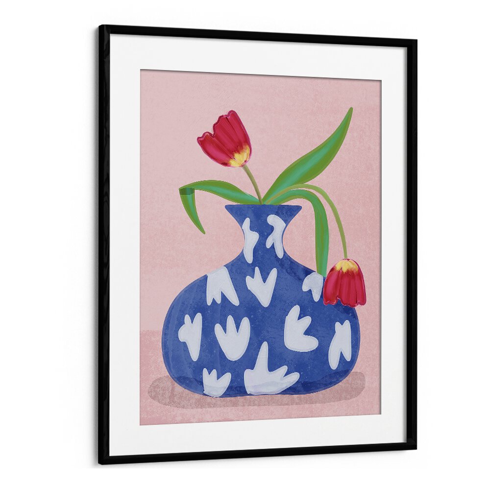 Bright tulips in a stylish blue vase on pink background, perfect for enhancing decor with TULPE IN VASE, FASHION POSTERS.