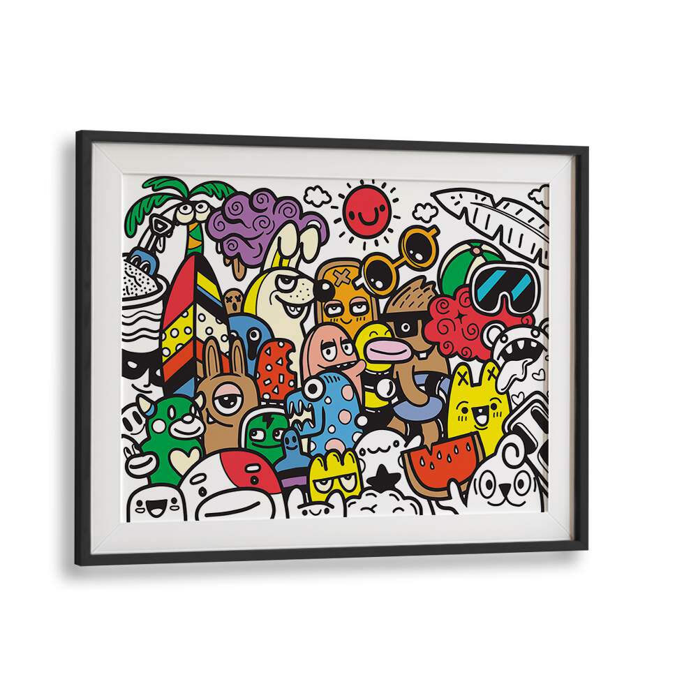 Colorful doodle art painting depicting a fun beach scene, perfect for vibrant decor—A DAY AT THE BEACH, DOODLE ART PAINTINGS.