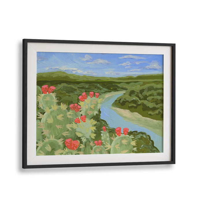 AUSTIN HILL, LANDSCAPE PAINTINGS capture serene nature beauty with vibrant cacti and a flowing river in the background.