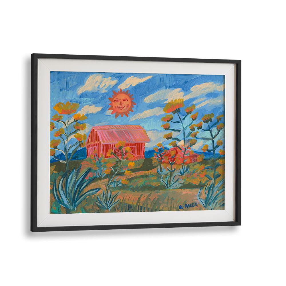 Vibrant SUNNY FARM PRINT, LANDSCAPE PAINTINGS showcasing a serene farmhouse under a sunny sky, perfect for home decor.