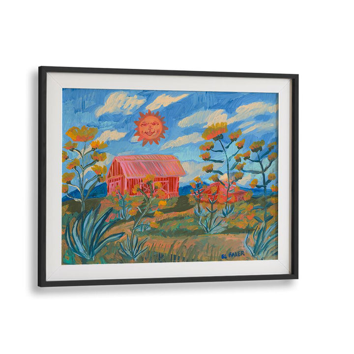 Vibrant SUNNY FARM PRINT, LANDSCAPE PAINTINGS showcasing a serene farmhouse under a sunny sky, perfect for home decor.