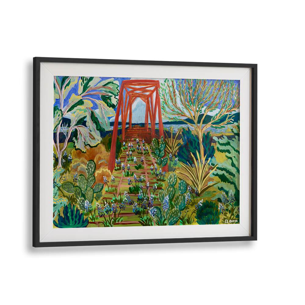 Vibrant TEXAS HILL COUNTRY BRIDGE, LANDSCAPE PAINTINGS showcasing lush greenery and a charming bridge. Perfect for decor.