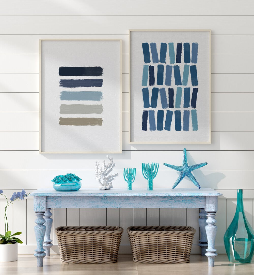 Enhance your space with the BLUE ABSTRACT STROKES, SET OF 2 PAINTINGS, featuring minimalist blue designs.