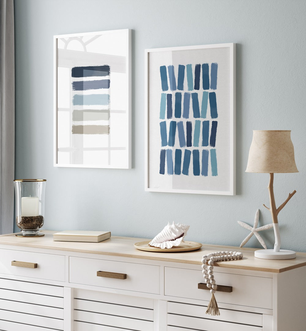 Elegant BLUE ABSTRACT STROKES, SET OF 2 PAINTINGS, perfect for modern home decor with calming blue tones.