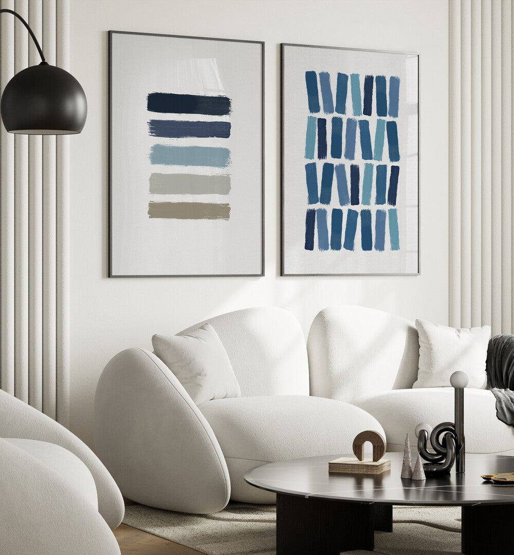 Framed BLUE ABSTRACT STROKES, SET OF 2 PAINTINGS, adding modern elegance to your home decor with serene blue hues.