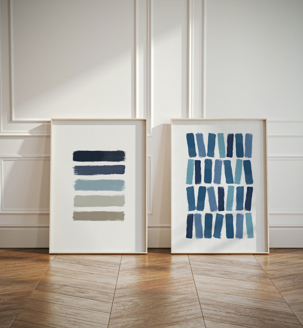 Framed BLUE ABSTRACT STROKES, SET OF 2 PAINTINGS, showcasing modern elegance with serene hues for stylish home decor.