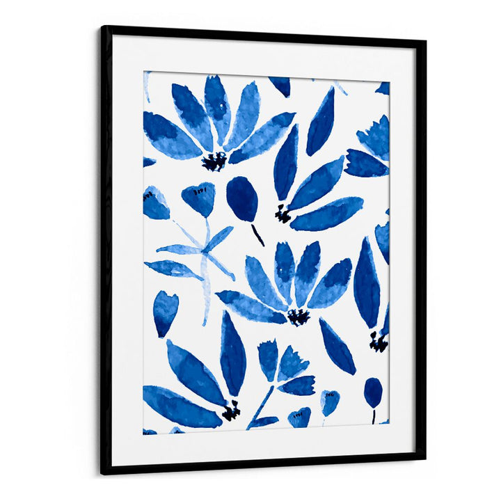 Stunning BLUE FLOWERS, FLORAL FLOWER PAINTINGS in a sleek black frame, perfect for enhancing any space.