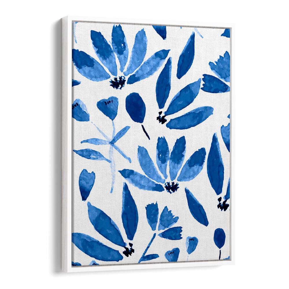 Stunning BLUE FLOWERS, FLORAL FLOWER PAINTINGS in a white floater frame, perfect for enhancing any space.